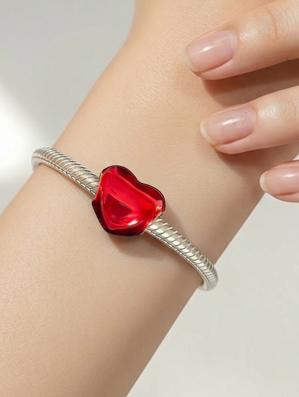Puffy Metallic Red Heart Bracelet Charm Shiny Enamel Love Girlfriend BFF Gifts